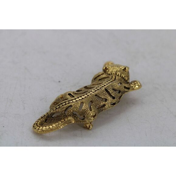 Large Black Stone Gold Tone Metal Crouching Leopard Brooch "3.5in" Wide - Picture 3 of 5